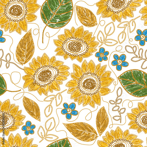 Ukrainian sunflower floral flower embroidery seamless pattern. Vector ethnic illustration