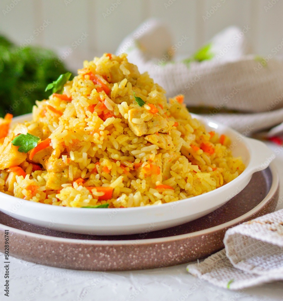 Appetizing pilaf in a white plate on a light background. Rice with vegetables and meat. Appetizing pilaf in a white plate on a light background. Rice with vegetables and meat.
