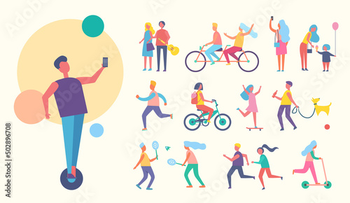 People doing sport active lifestyle, playing tennis, cycling together, walking dog, taking pictures and selfie skating collection vector illustration