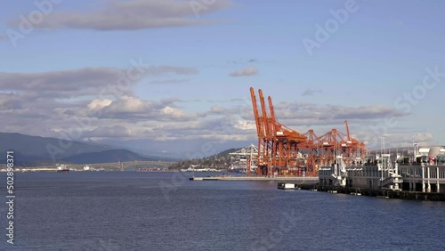 Vancouver Centerm Terminal - Burrard Inlet And Harbor Cranes At Vancouver Port In Canada. - wide  photo