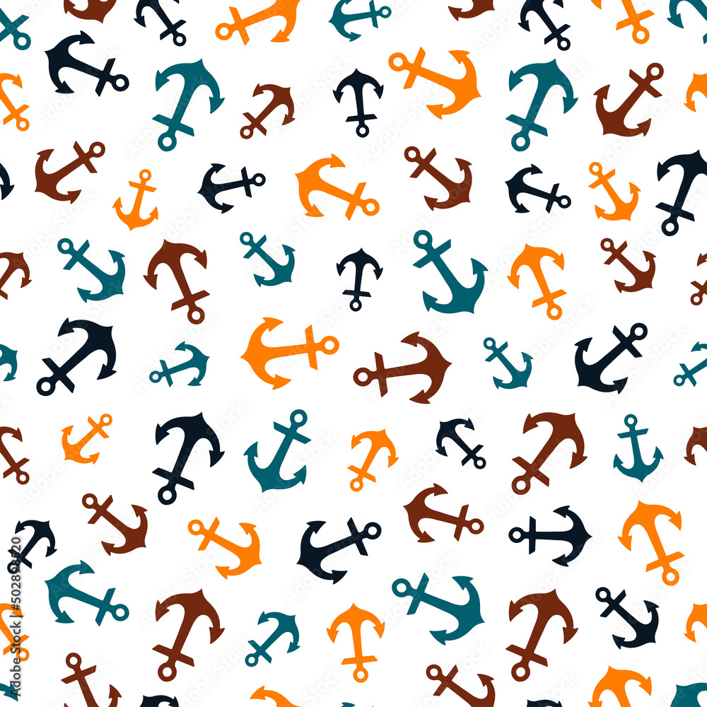 White seamless pattern with colorful anchors.