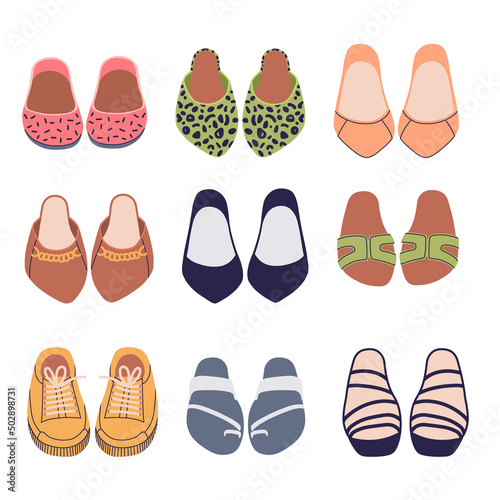 Women's shoe wardrobe. Set of female fashion footwear: ballet flats, sandals with straps, shoes, light sneakers, summer closed-toe footgear. Flat vector illustration isolated on white.
