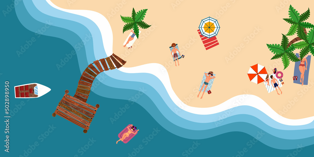 People on the beach or on the seashore relax and sunbathe. View from ...