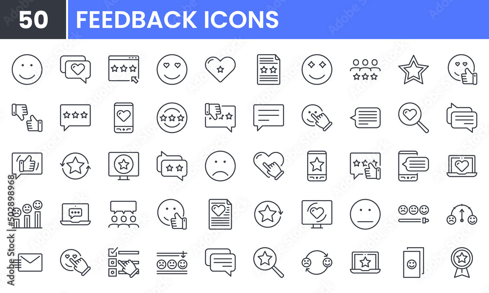 Feedback and Customer Satisfaction vector line icon set. Contains linear outline icons like Customer Relationship Management, Testimonial, Review, Experience, Heart, Star. Editable use and stroke. Feedback and Customer Satisfaction vector line icon set. Contains linear outline icons like Customer Relationship Management, Testimonial, Review, Experience, Heart, Star. Editable use and stroke.