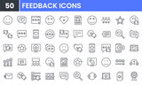 Feedback and Customer Satisfaction vector line icon set. Contains linear outline icons like Customer Relationship Management, Testimonial, Review, Experience, Heart, Star. Editable use and stroke.