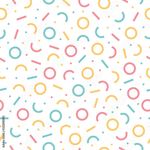 Colorful memphis seamless pattern with white background.