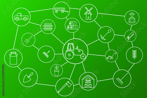 farm icons network connected isolated on green background	
