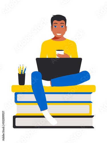 Ukrainian purposeful student sits with a laptop on the books. Online education concept in flat style blue and yellow colors. 