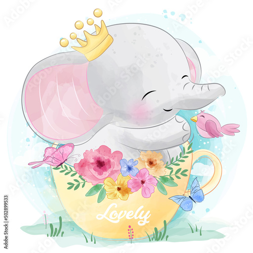 Fototapeta Naklejka Na Ścianę i Meble -  Cute elephant with floral illustration
