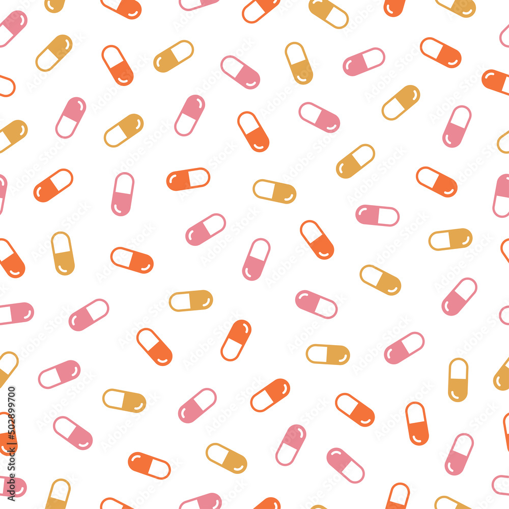 White seamless pattern with colorful pills. White seamless pattern with colorful pills.