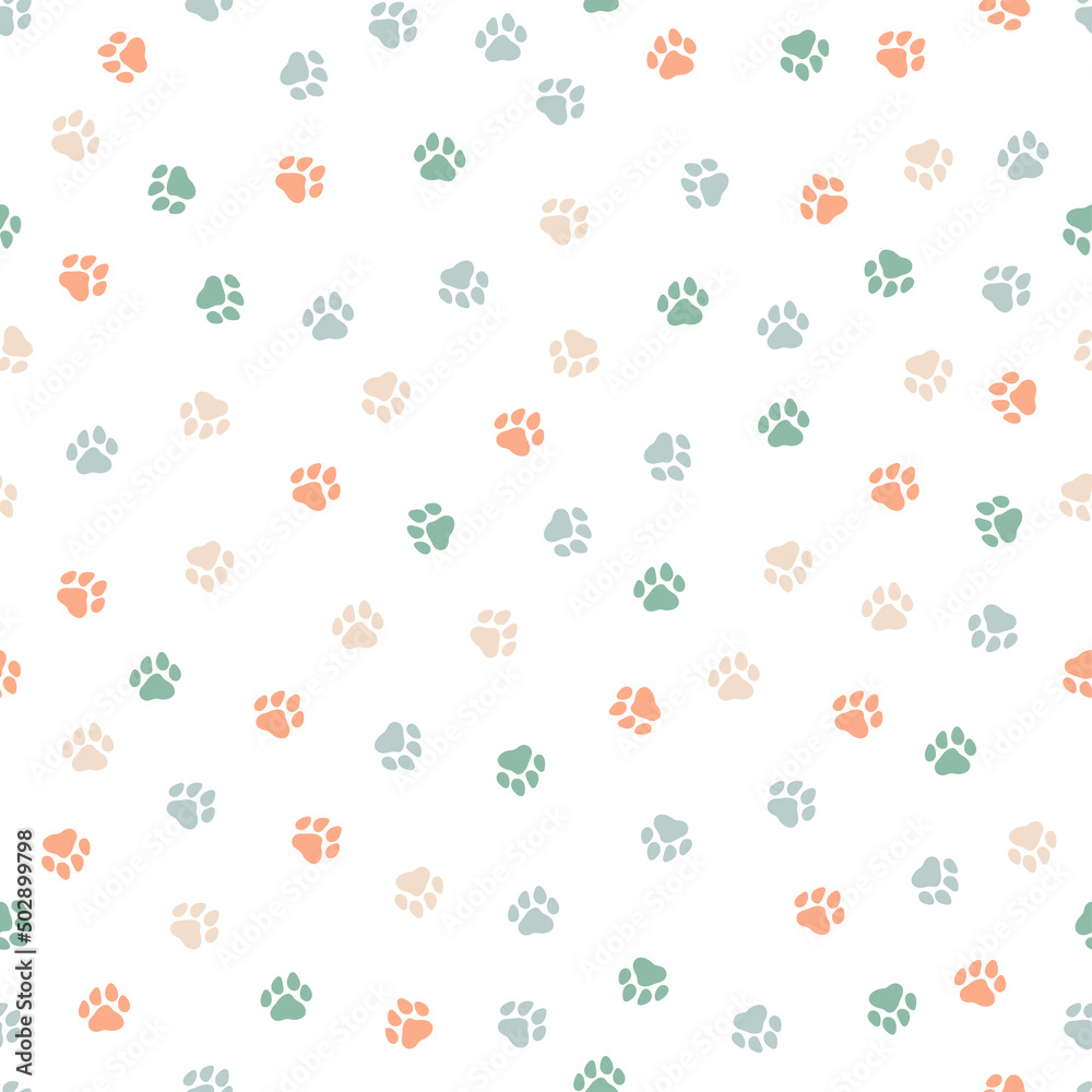 Seamless pattern with colorful dog paws. Cute and childish design for fabric, textile, wallpaper, bedding, swaddles toys or gender-neutral apparel. Seamless pattern with colorful dog paws. Cute and childish design for fabric, textile, wallpaper, bedding, swaddles toys or gender-neutral apparel.