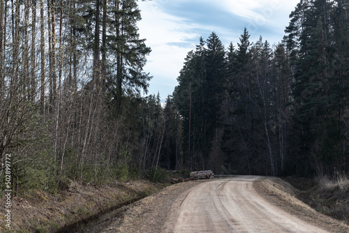 winding gravel road through the forest with deep ditches