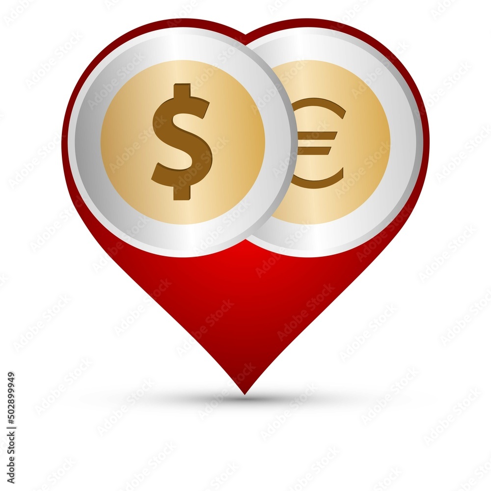 The American dollar coin and euro coin symbols on red heart shape The American dollar coin and euro coin symbols on red heart shape