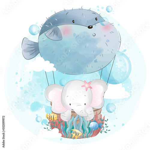 Fototapeta Naklejka Na Ścianę i Meble -  Cute elephant flying with balloon illustration