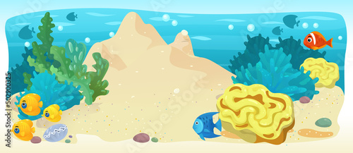 Cartoon ocean and the mermaid underwater swimming