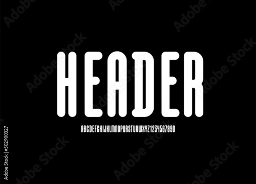 Condensed font, rounded long alphabet, modern letters and numbers