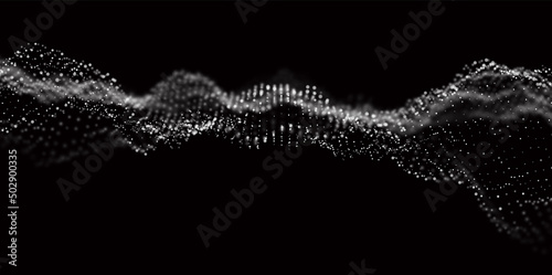 Abstract white particle background. Flow wave with dot landscape. Digital data structure. Future mesh or sound grid. Pattern point visualization. Technology vector illustration.
