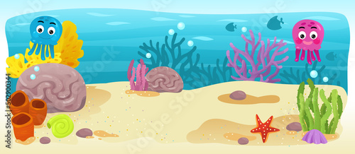 Cartoon ocean and the mermaid underwater swimming