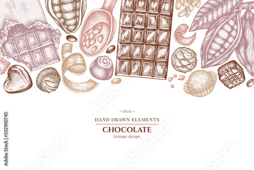 Design with pastel colored cocoa beans, cocoa, chocolate, chocolate candies