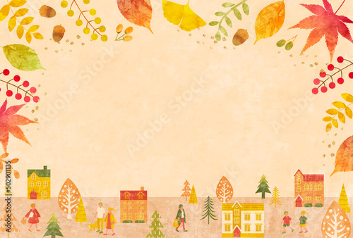 秋の街並みと人々のベクターイラストフレーム背景(バナー,ポスター,街並み,人々,植物,落ち葉,葉,holiday,art,natural,card,frame) 