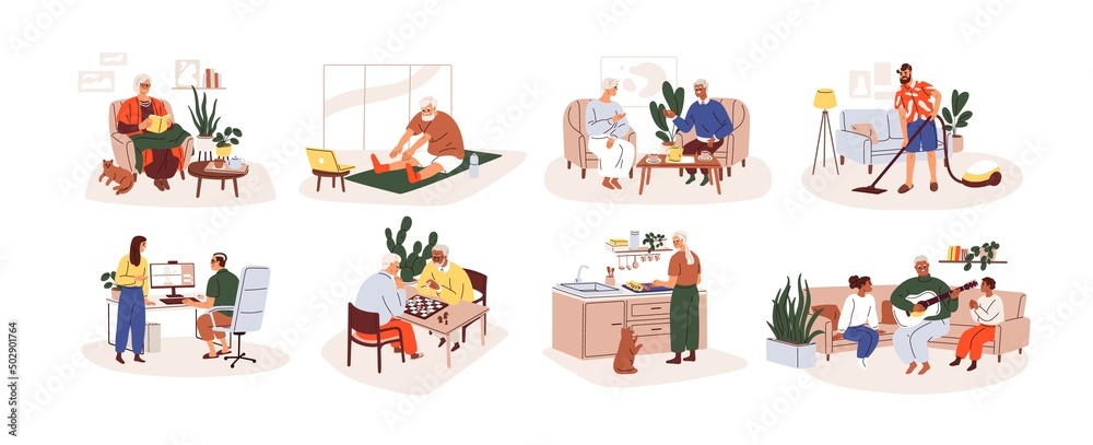 Elder people at home set. Old men and women daily life, leisure and household activities, hobbies. Happy modern senior males, females indoors. Flat vector illustrations isolated on white background