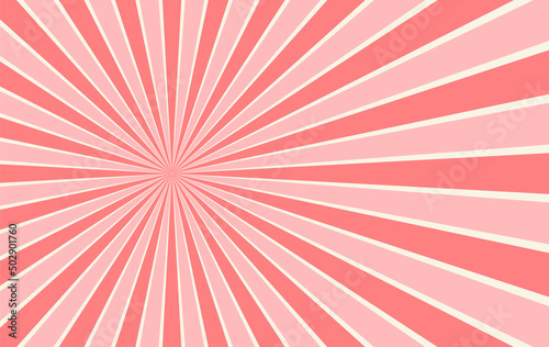 Red retro sunburst background. Horizontal vintage backdrop design element. Sun beam ray pattern. Radial stripes wallpaper with shifted center. Old magic sunlight. Vector illustration, flat, clip art. 