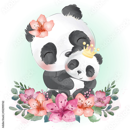 Cute panda mother and baby with floral illustration