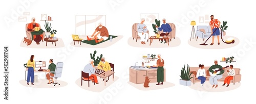 Elder people at home set. Old men and women daily life, leisure and household activities, hobbies. Happy modern senior males, females indoors. Flat vector illustrations isolated on white background