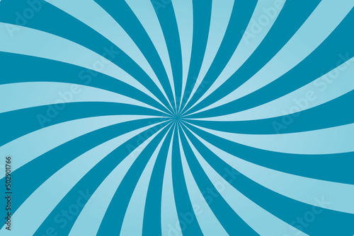 Blue twisted sunburst background. Vintage swirling pattern wallpaper. Vortex or vertigo concept. Radial spiral stripes backdrop. Supernova. Comic design element. Vector illustration, flat, clip art.