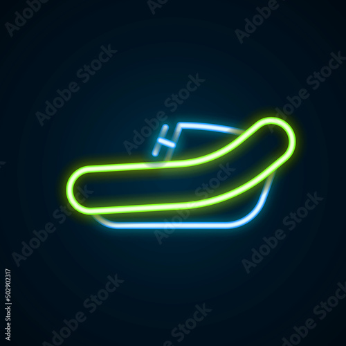 Glowing neon line Inflatable boat with outboard motor icon isolated on black background. Colorful outline concept. Vector