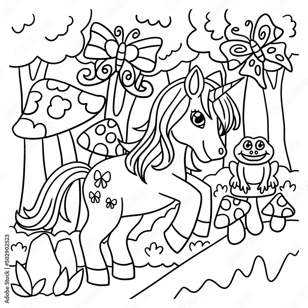 Unicorn In A Forest Coloring Page for Kids