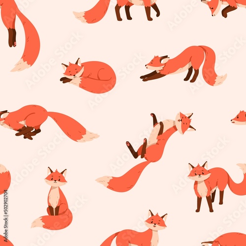 Funny foxes pattern. Seamless background with cute wild animal. Repeating foxy print on endless texture. Repeatable printable backdrop design. Colored flat vector illustration for textile, decoration