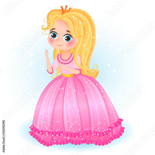 Little princess in crown wearing in magnificent dress color and outlined isolated on a white background. vector illustration