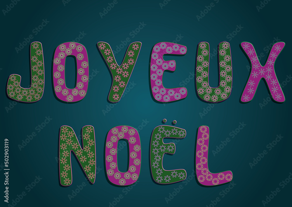 Carte joyeux noël écrite avec des lettres décorées de motifs en forme