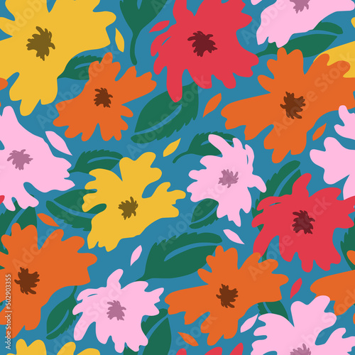 Bright floral pattern. Large stylized flower buds. Seamless background for printing on fabric, wrapping, textile, paper, wallpaper. Vector illustration, hand drawn