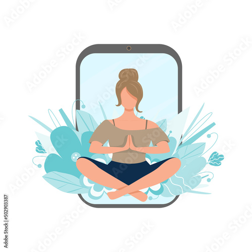 online yoga app. Mobile version of training on a smartphone. Woman meditating in nature flowers. Concept illustration for yoga, meditation, relaxation, healthy lifestyle. Vector illustration, flat