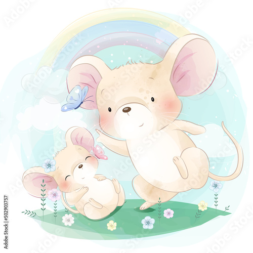 Cute mouse with floral illustration