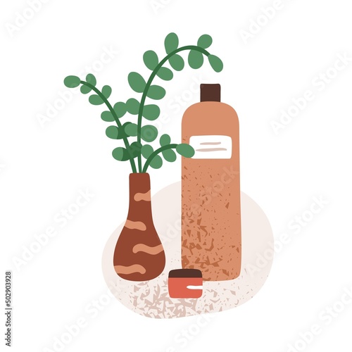 Organic beauty cosmetic products, shampoo, gel in bottle and cream in jar. Na...