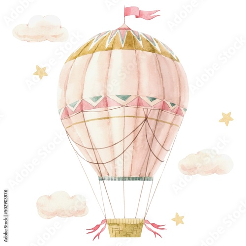 Fototapeta Naklejka Na Ścianę i Meble -  Beautiful image with cute watercolor hand drawn retro vintage air balloon with flags. Stock illustration.