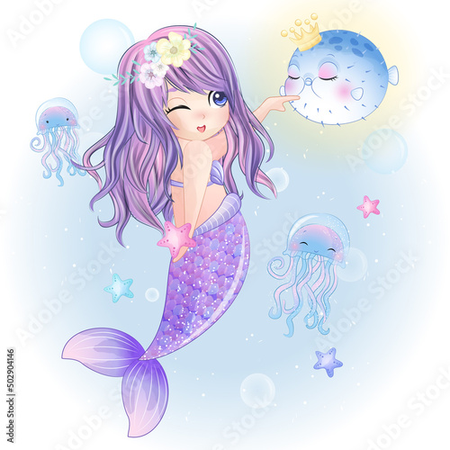 Cute mermaid with watercolor illustration