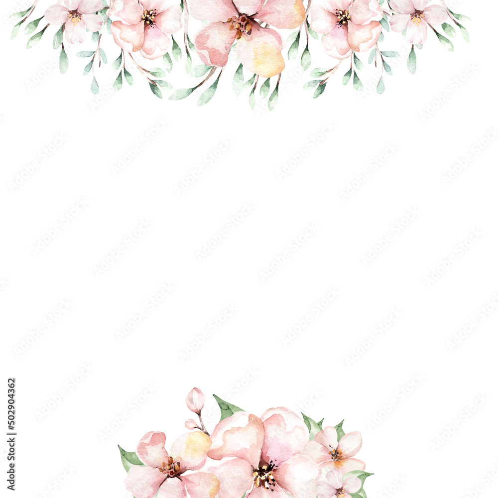Watercolor floral frame wreath with gold orchid, cherry blossom, cotton head, palm leaves, beige and rose color, white, pink, vivid flowers, green leaves, for wedding greeting card. fashion background