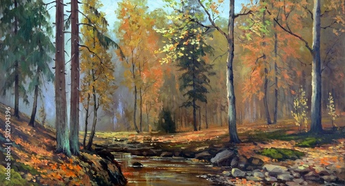 forest with yellowed autumn trees by the stream