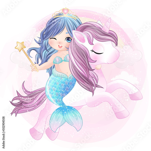 Cute unicorn with mermaid illustration