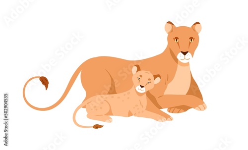 Wild lion family, mother and baby. Lioness and little lionet lying, resting together. Jungle carnivorous feline animals, mom and kid. Flat vector illustration isolated on white background