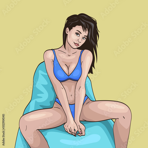 Beautiful sexy young woman in a blue swimsuit sitting on a chair. Vector illustration