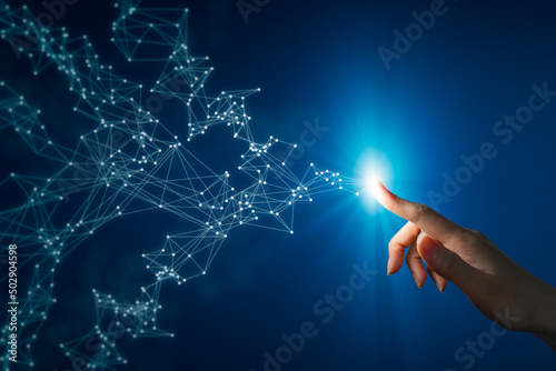 Digital Transformation and Next Generation Network Technology Concepts, Abstract futuristic technology with polygonal shapes on dark blue background.