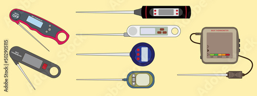 Set of meat digital thermometer vector illustration. Meat thermometer flat design.