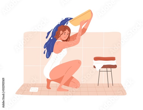 Woman pouring herself with iced cold water from basin. Healthy happy person during hardening procedure with washbasin in bathroom indoors. Flat vector illustration isolated on white background