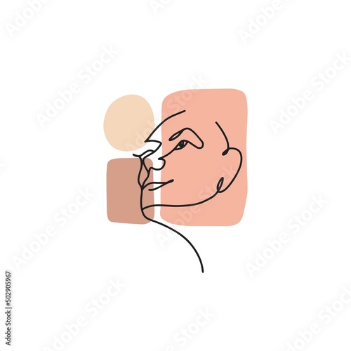 One line woman face portrait. Abstract female drawn in trendy lineart boho style with geometric shapes. Continuous art of girl looking up. Modern vector illustration isolated on white background