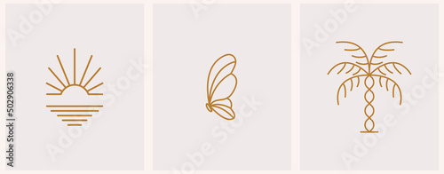 Minimal summer linear icon logo template and emblem for social media, vacation rental and travel services.